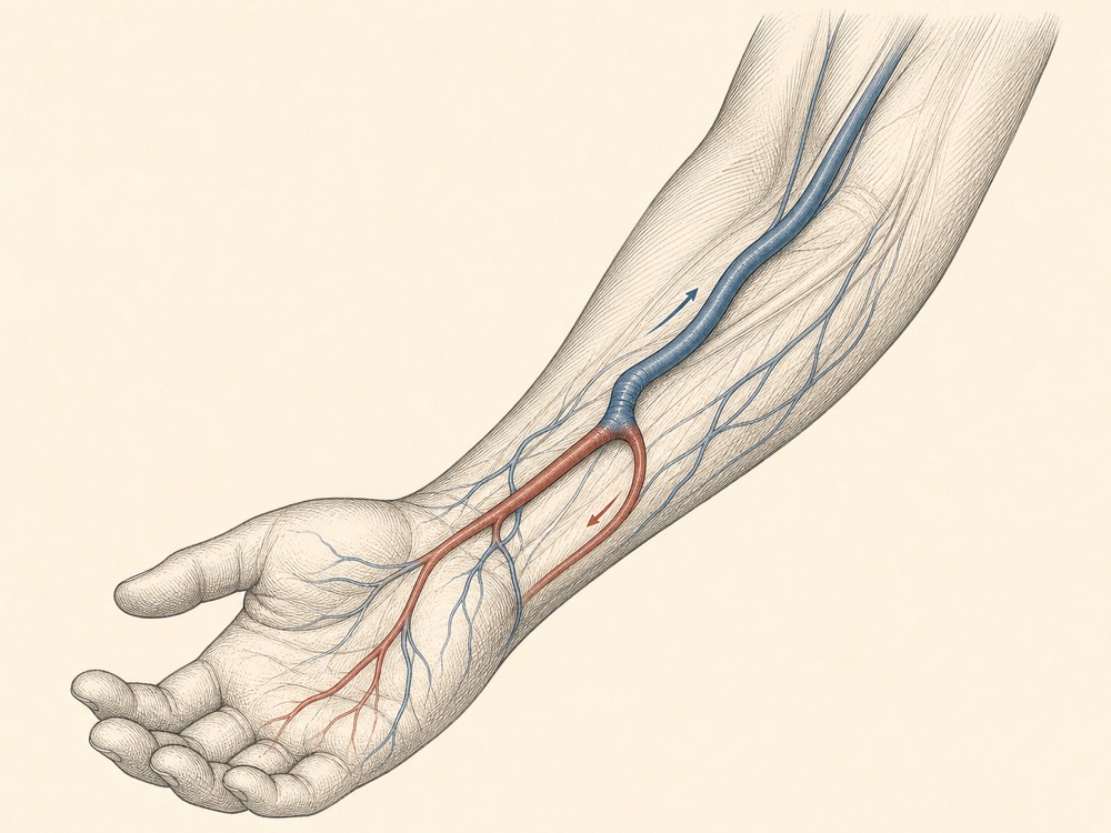 Journal-style illustration of a forearm arteriovenous fistula and vascular flow
