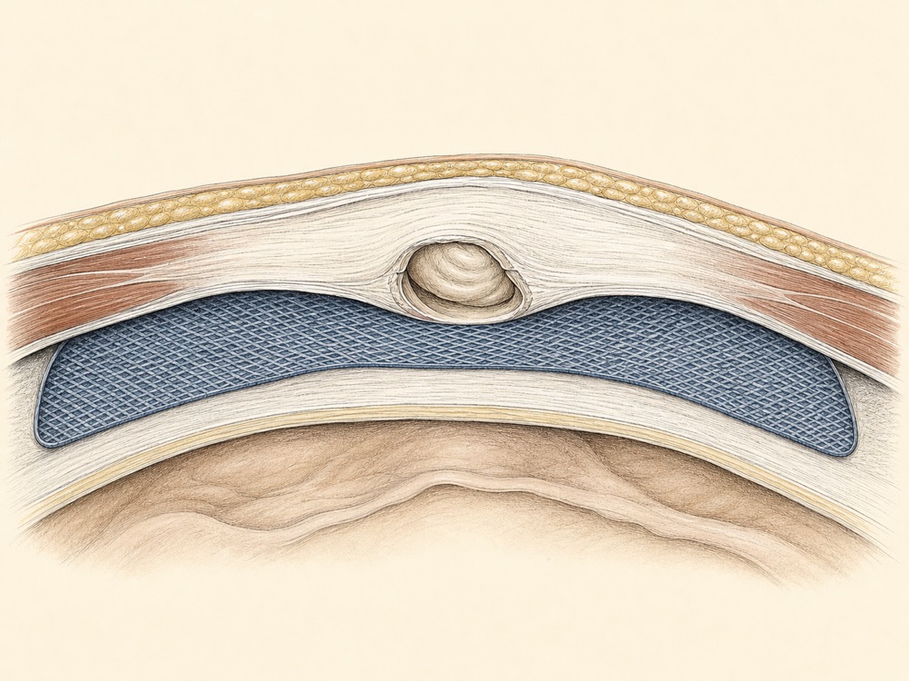 Journal-style illustration of an abdominal-wall hernia and mesh repair layers