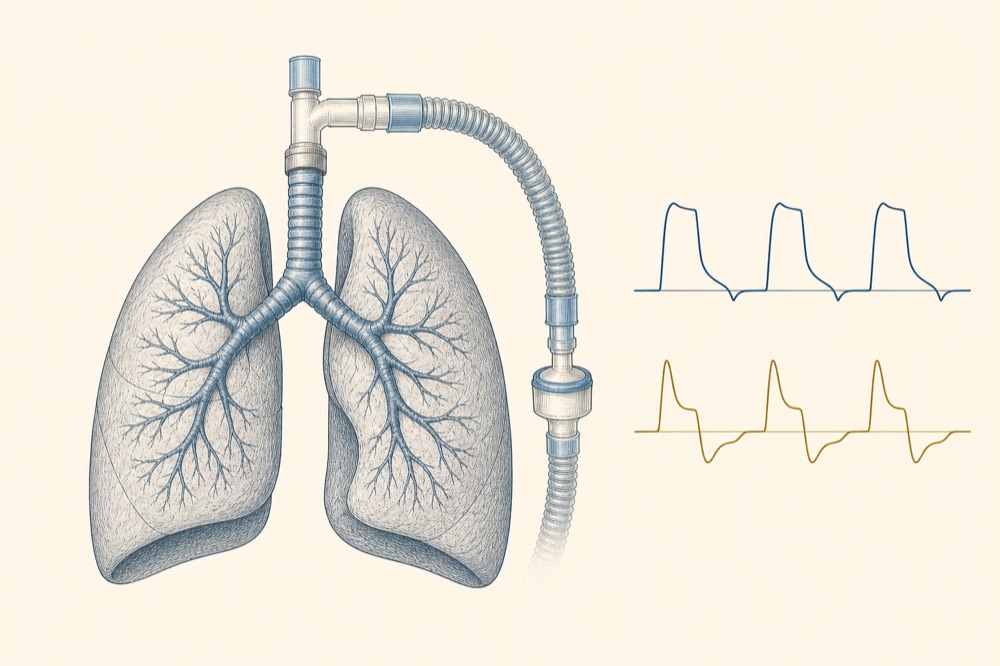 Journal-style illustration of lungs, a ventilator circuit, and respiratory waveforms