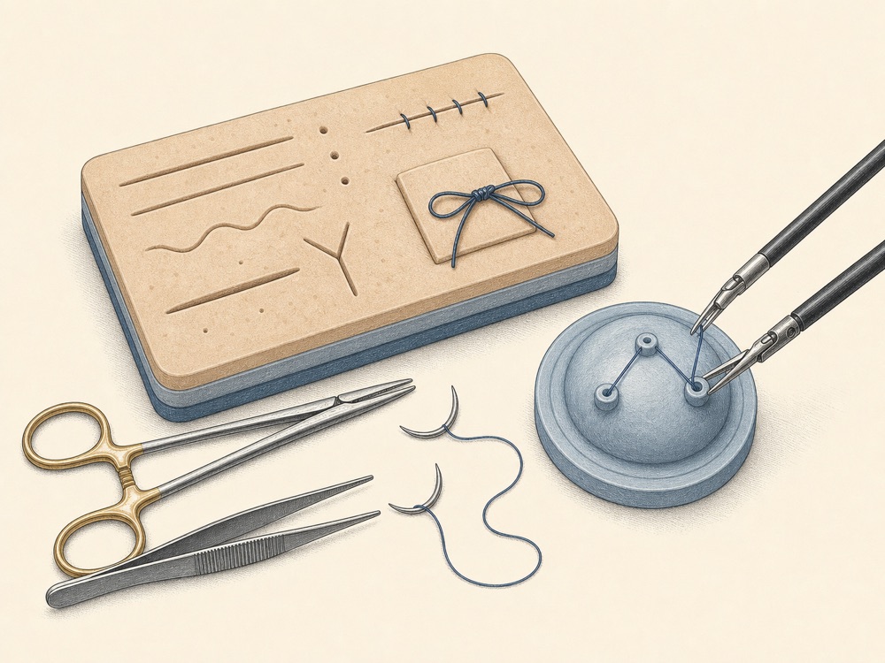Journal-style illustration of suturing, knot-tying, and surgical skills trainers