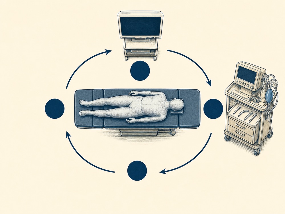 Journal-style overhead illustration of a procedural team simulation station