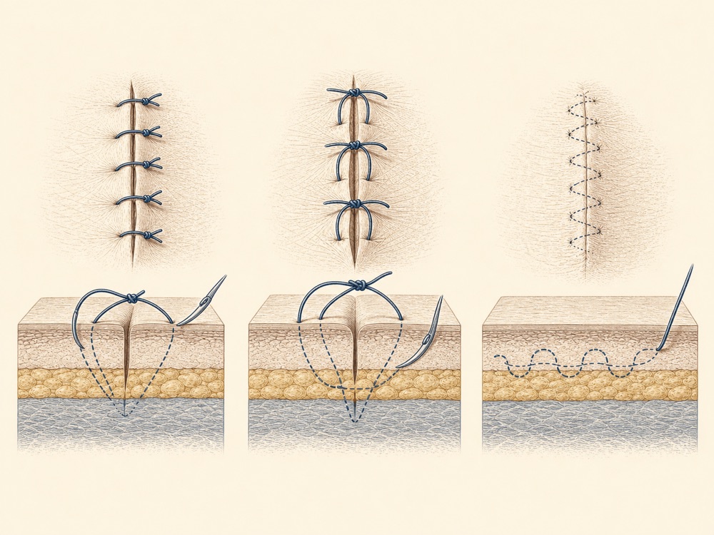 Journal-style illustration of common wound closure and suturing patterns