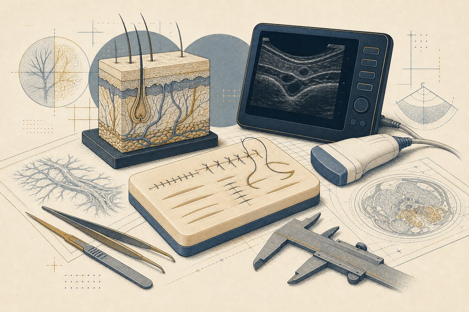 Editorial illustration of an anatomical teaching model, procedural simulator, ultrasound, and suturing practice