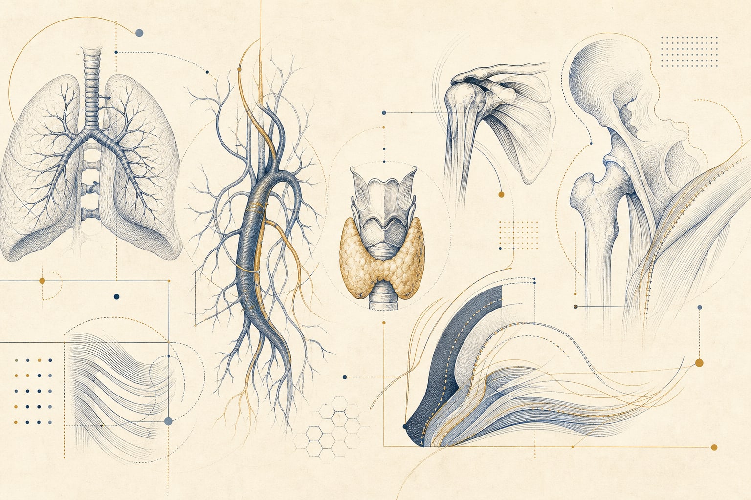 Editorial anatomical atlas showing thoracic, vascular, endocrine, and musculoskeletal systems
